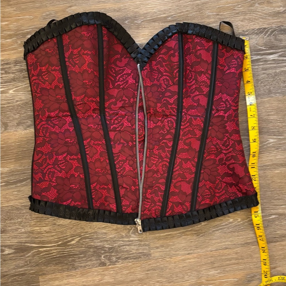 Red Black Lace Corset Bustier 36C Lace Up Gothic Boned Top